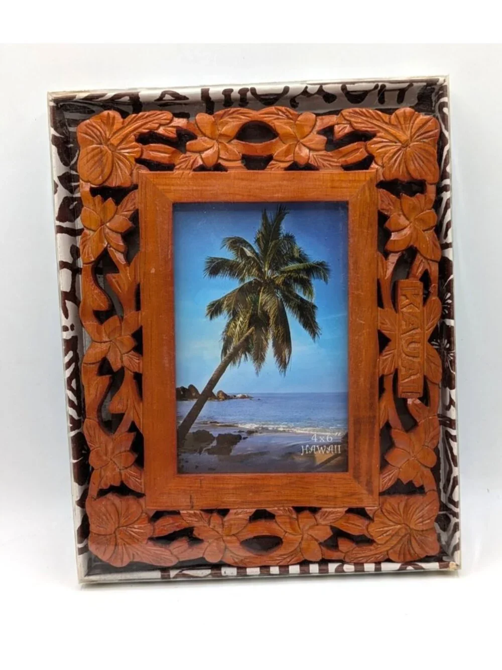 Vtg Hawaiian Kauai Island Hand Carved Wood Frame Floral Hibiscus Tropical 4x6
